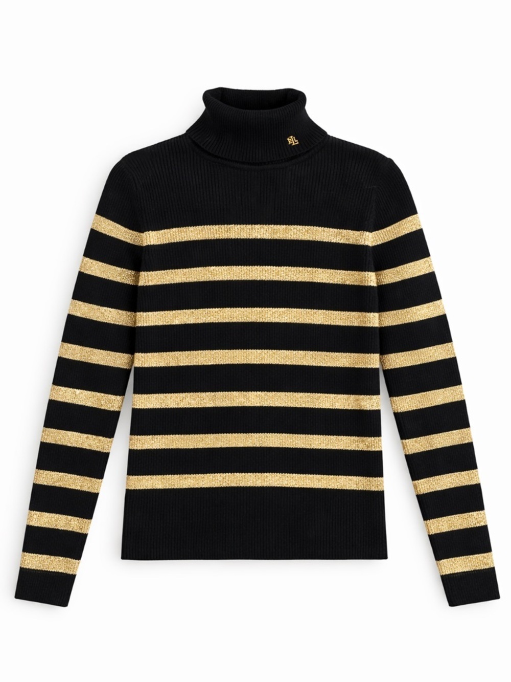 LAUREN RALPH LAUREN Y2K ribbed turtleneck sweater black gold metallic stripe M